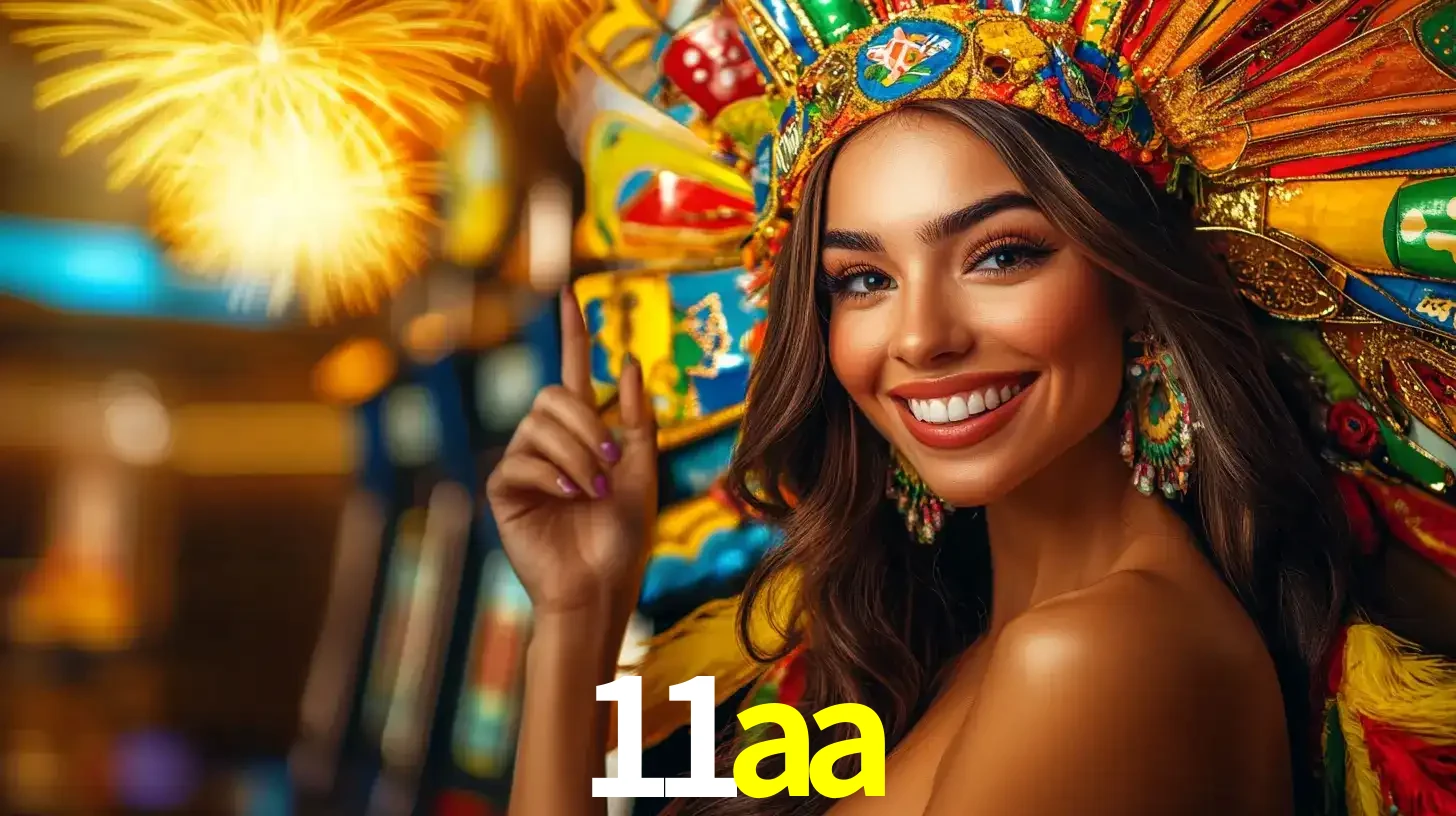 Mulher sorridente com um cocar de carnaval vibrante e colorido, celebrando uma grande vitória nos jogos do cassino 11aa com fogos de artifício ao fundo.