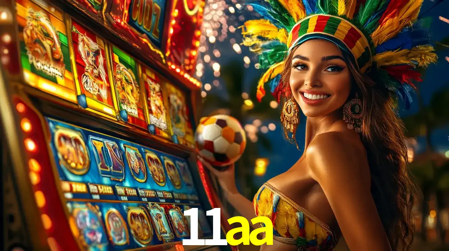 Mulher com um cocar de carnaval ao lado de uma máquina de caça-níqueis enquanto segura uma bola de futebol, mostrando a união da diversão de cassino e esportes no 11aa.