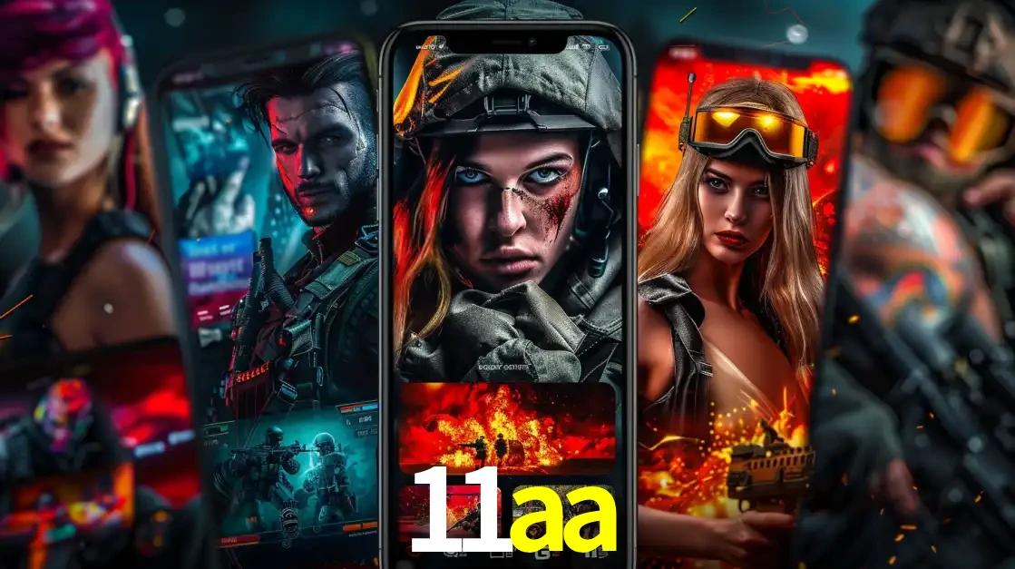 Montagem de telas de celular mostrando diversos personagens, masculinos e femininos, de um jogo de tiro, ilustrando a diversidade de equipes de e-sports para apostar no 11aa.