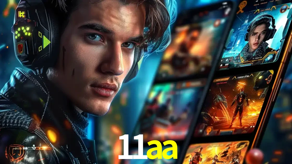 Jovem jogador com fones de ouvido olhando para a câmera, com um aplicativo de jogos e e-sports para celular ao fundo, pronto para a competição e apostas no 11aa.