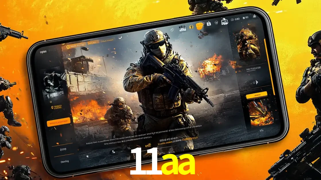 Um smartphone exibindo a interface de um jogo de tiro em primeira pessoa, com um soldado em um cenário de batalha, representando a ação dos e-sports para apostar no 11aa.