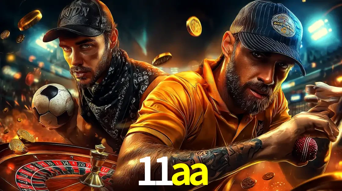 Montagem de apostas esportivas e cassino no 11aa, com um homem segurando uma bola de futebol e outro uma de beisebol sobre uma roleta e moedas voadoras.