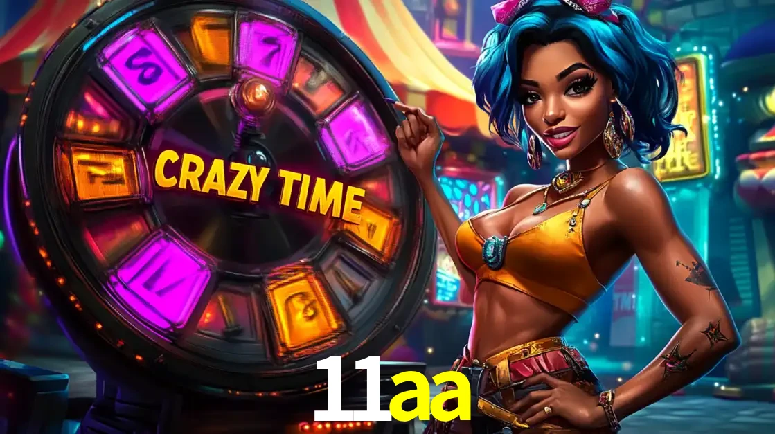 Mulher estilizada com cabelo azul e visual vibrante posando ao lado da roda de prêmios do game show Crazy Time, convidando para a diversão e os bônus do cassino 11aa.