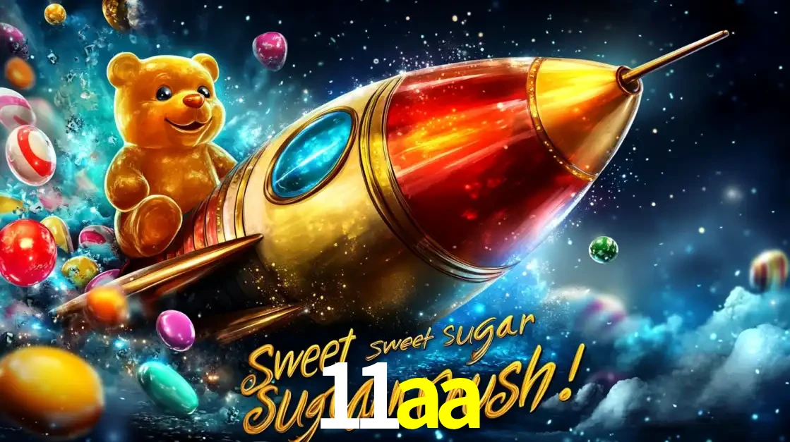 Arte promocional do jogo de slot Sugar Rush, com um urso de pelúcia em um foguete viajando pelo espaço de doces, um dos jogos divertidos disponíveis no cassino 11aa.