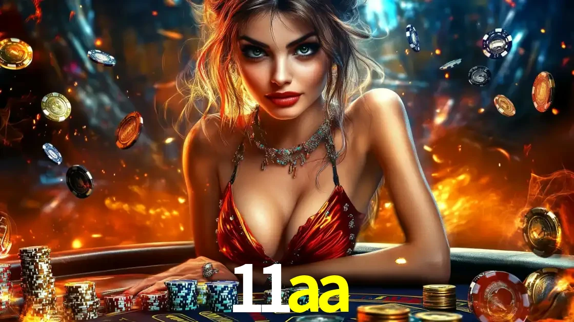 Mulher em uma mesa de cassino com pilhas de fichas e um fundo de fogo, pronta para uma rodada de altas apostas nos jogos de mesa emocionantes do cassino 11aa.