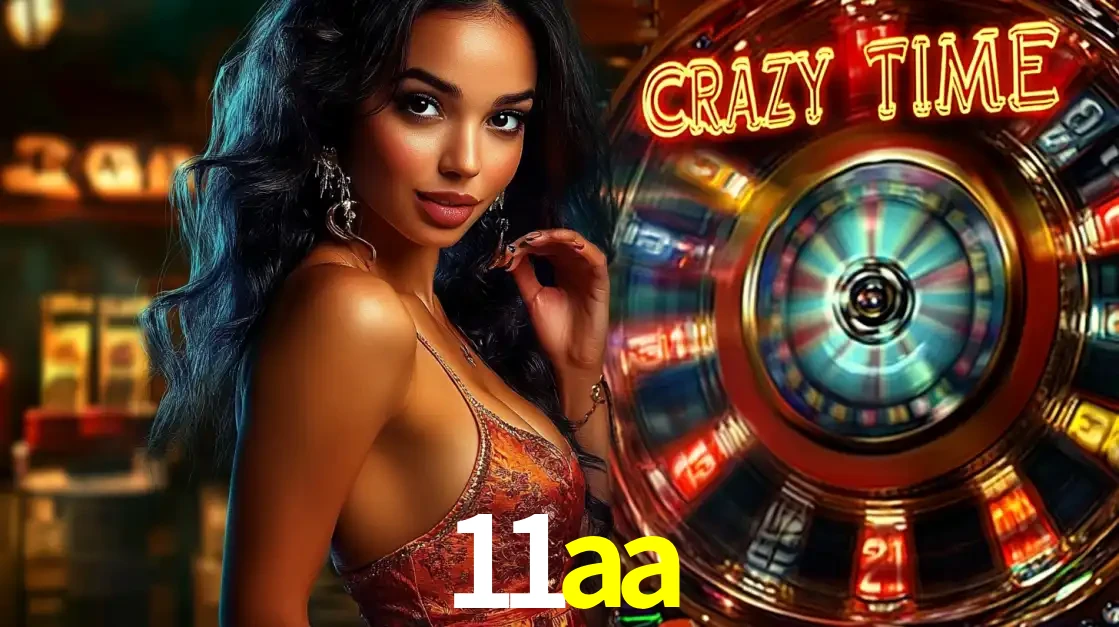 Mulher elegante ao lado da vibrante roda da fortuna do jogo de cassino ao vivo Crazy Time, um dos game shows mais populares e cheios de prêmios do 11aa.