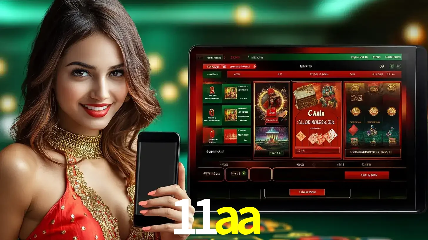 Mulher sorridente segurando um smartphone, ao lado de uma tela exibindo o lobby de jogos do cassino online 11aa, com várias opções de jogos de cartas e slots.